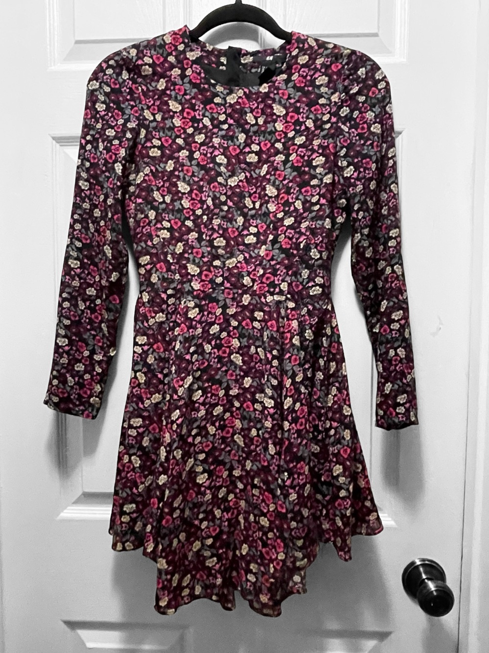 H&M Floral Long-Sleeve Fit And Flare Dress in Burgundy and Pink